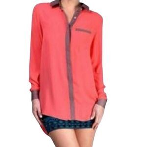 FREE PEOPLE Coral and Brown Color Block Button-up Blouse Hi-Lo Small Petite